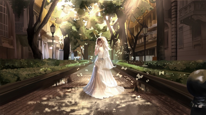 Anime girl in wedding dress surrounded by butterflies