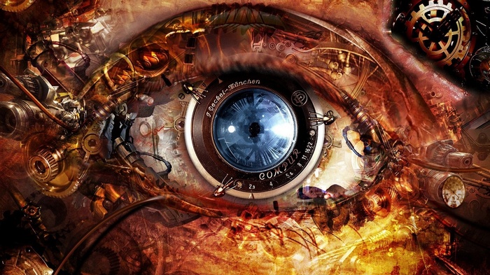 Steampunk mechanical eye with camera lens