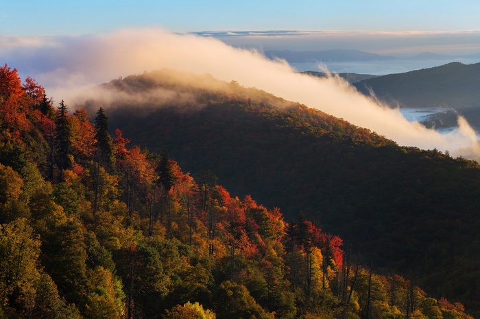 Autumn fog rolling over mountains in North Carolina