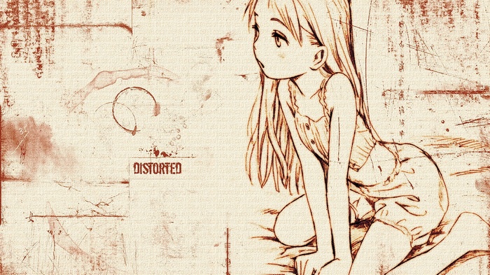 Anime girl with long hair sitting and looking away