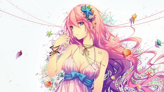 anime girls, painted nails, anime, pink hair, blue eyes, headdress, hair ornament, dress, ribbon, seashells, purple dresses, purple hair, long hair, bangs, cleavage, starfish, jewelry, Megurine Luka, bracelets, Vocaloid