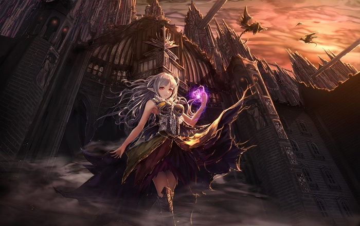 Fantasy art of a sorceress with dragons and a castle