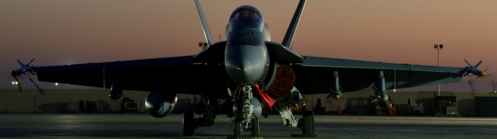 McDonnell Douglas FA-18 Hornet on tarmac at dusk