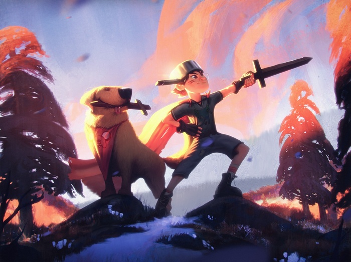 Boy and dog with swords in a fantasy landscape