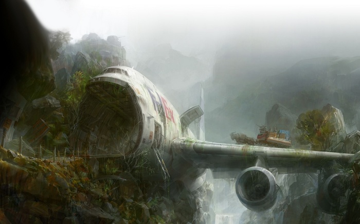 waterfall, crash, Fedex, jungle, detailed, airplane