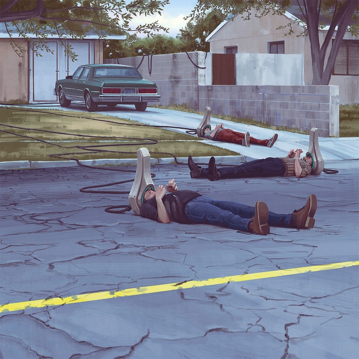 Simon Stålenhag artwork of people connected to machines