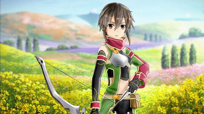 Asada Shino with a bow and arrow in a field