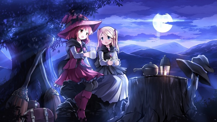 Two anime girls in witch hats at night