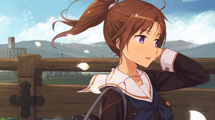 Anime girl with headphones in school uniform