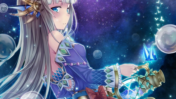 Anime girl with long hair and blue eyes holding a lantern