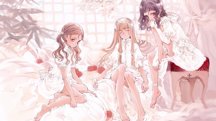 Three anime girls in white dresses with apples