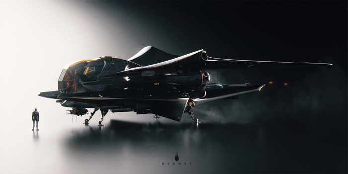 Futuristic spaceship with a person standing next to it