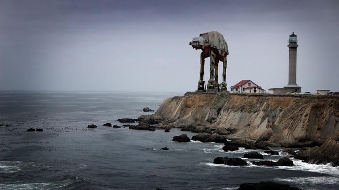 AT-AT Walker and Lighthouse on a Rocky Coast