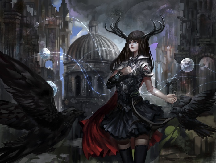 Anime girl with horns and armor with ravens