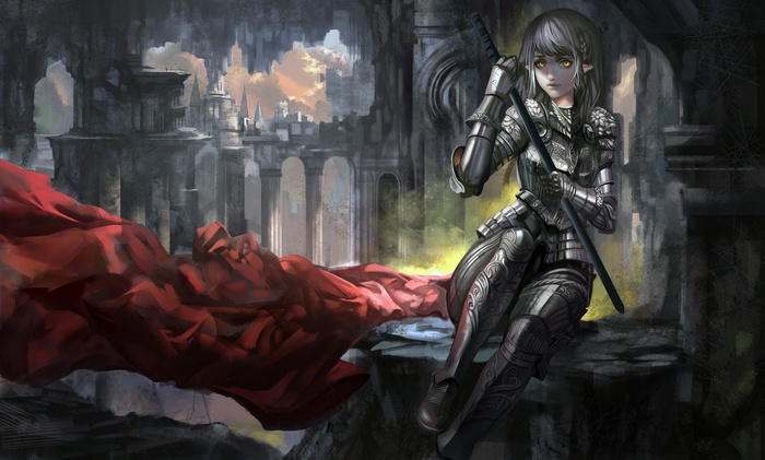 Anime girl in armor with sword and red cloth