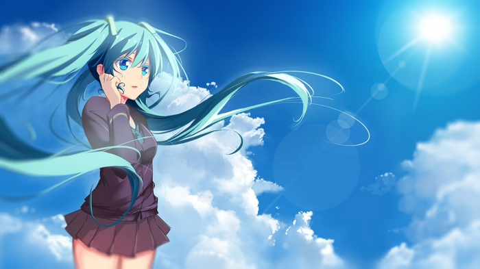 Hatsune Miku with long twintails against a bright blue sky