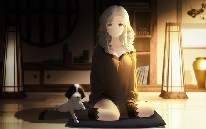 Munechika with a dog in a room