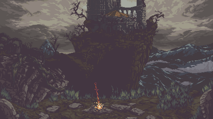 Dark Souls pixel art bonfire with castle on cliff