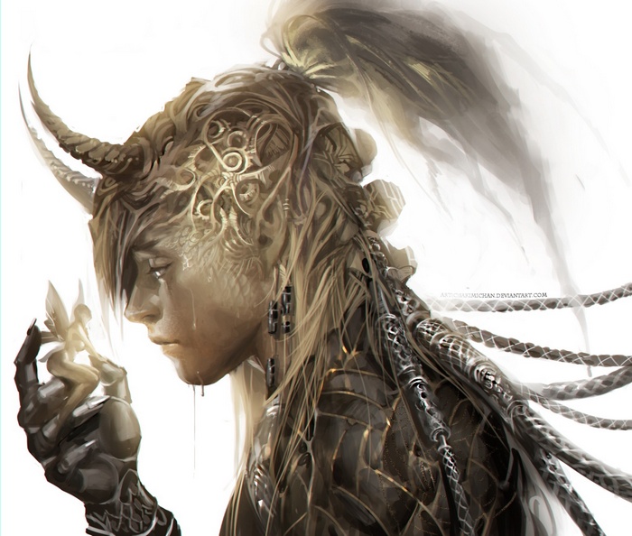 Sakimichan's realistic portrait of a horned creature holding a fairy