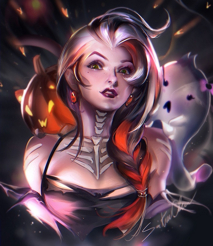 Halloween-themed portrait of a woman with skeleton details