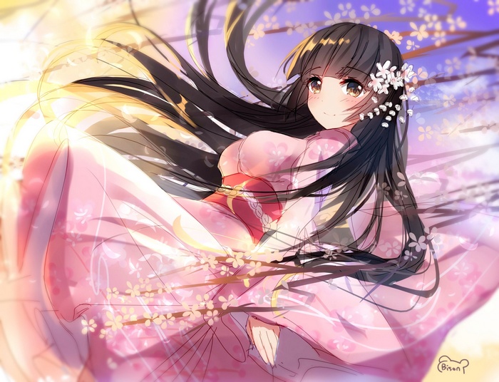 Anime girl in pink kimono with cherry blossoms