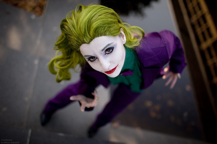 Joker Cosplayer with Green Hair and Purple Suit