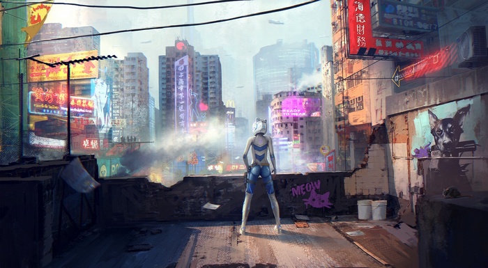 Cyberpunk city with a woman in a bodysuit
