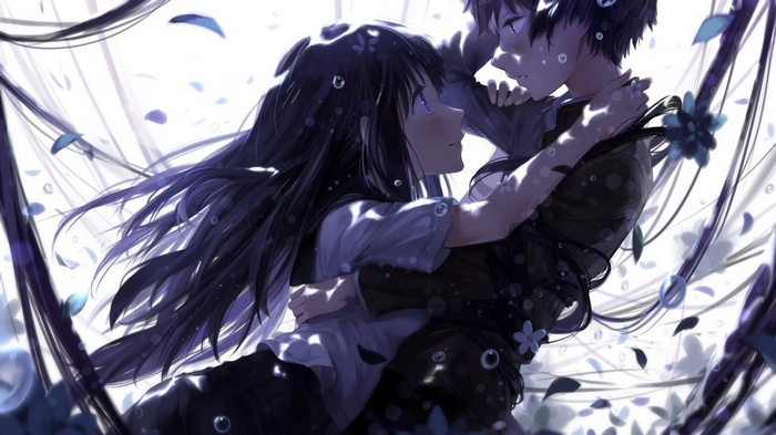 Anime couple embracing amidst falling petals and water droplets