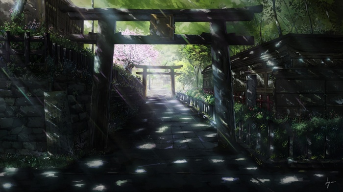 Anime torii gate path in a forest