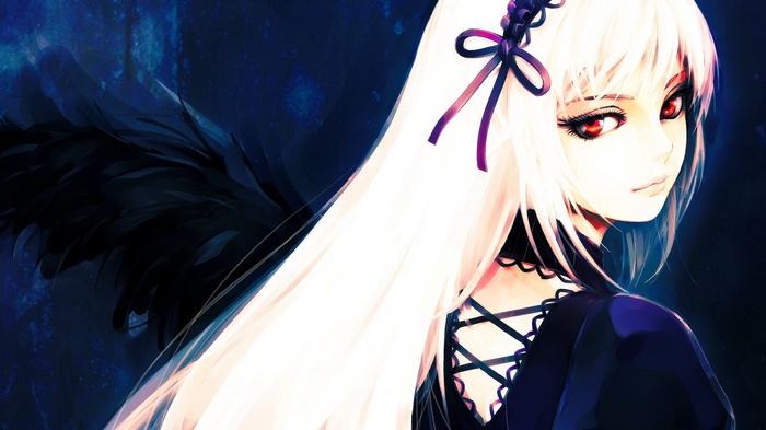 Anime girl with long white hair and red eyes