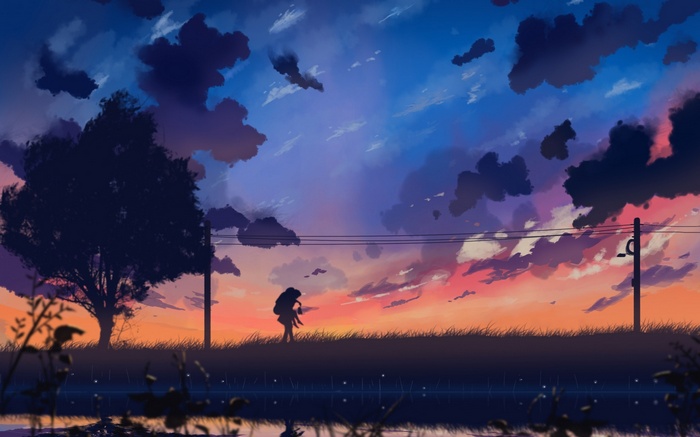 Anime couple walking at sunset with clouds