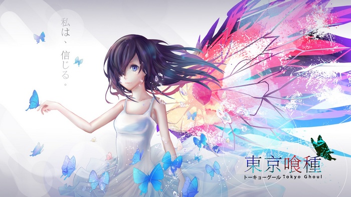 Touka Kirishima with butterflies and Tokyo Ghoul logo