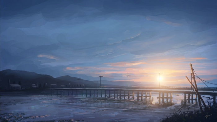 Anime landscape with bridge at sunset