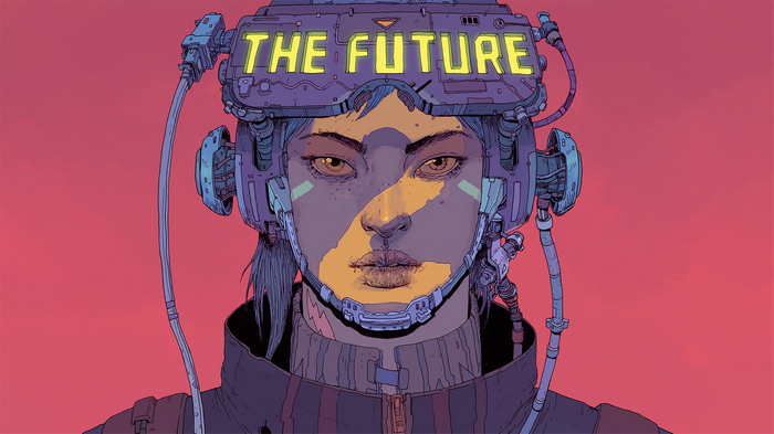 Futuristic woman with VR headset displaying "THE FUTURE"