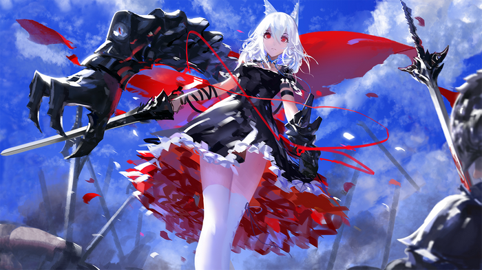 Anime girl with white hair and red eyes in a black dress