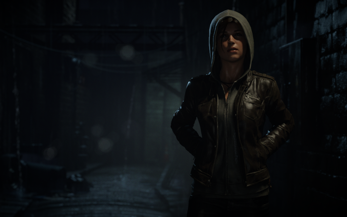 Lara Croft in a dark alleyway