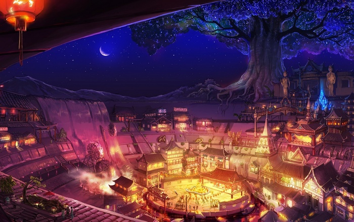 Fantasy village at night with a large tree