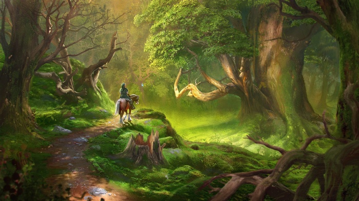 Link riding a horse through a fantasy forest