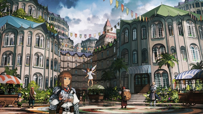 Anime characters in a fantasy city with armor and swords