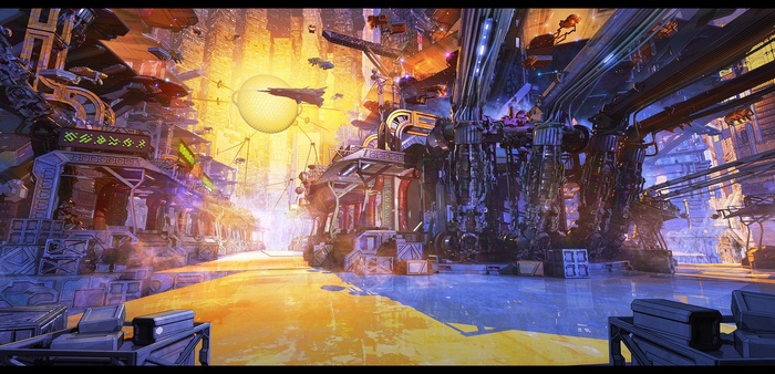 Futuristic city with flying aircraft and glowing orb