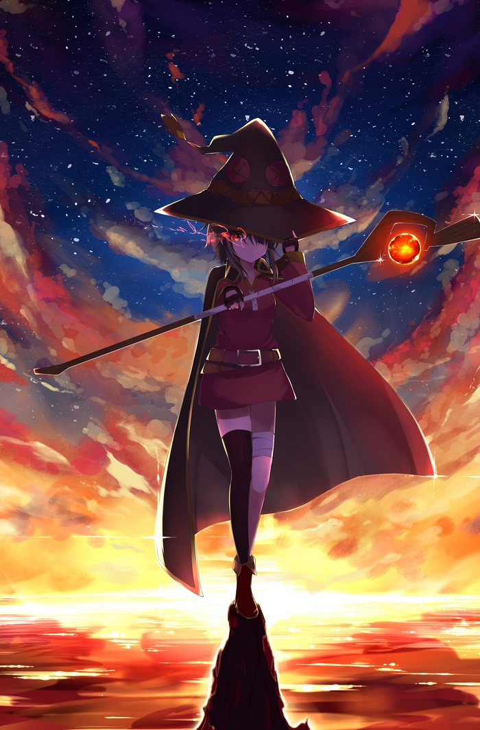 Megumin with a staff against a sunset sky