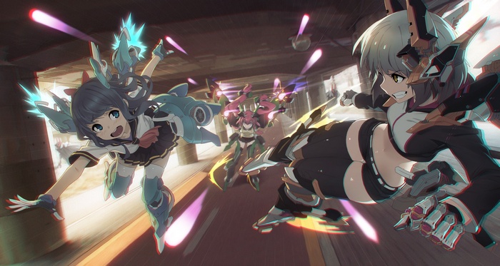 Anime girls in flight suits shooting weapons