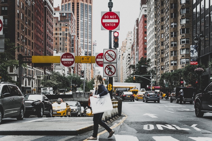 New York City street with traffic and signs