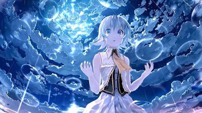 Anime girl with blue eyes and short hair crying among bubbles