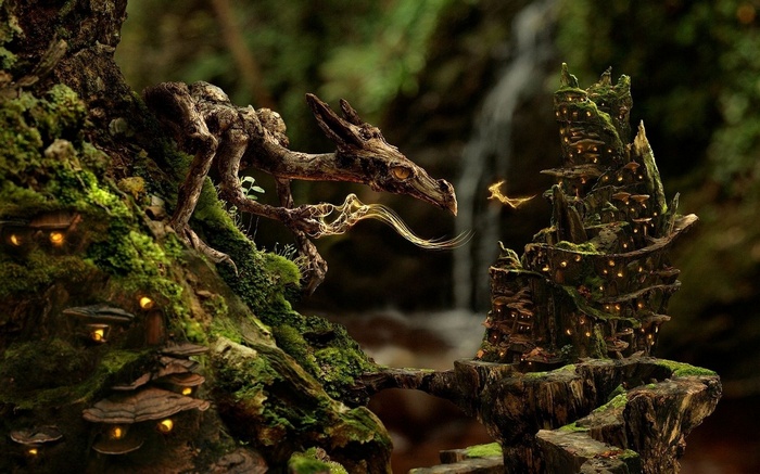 Dragon and fairy village in a mossy forest