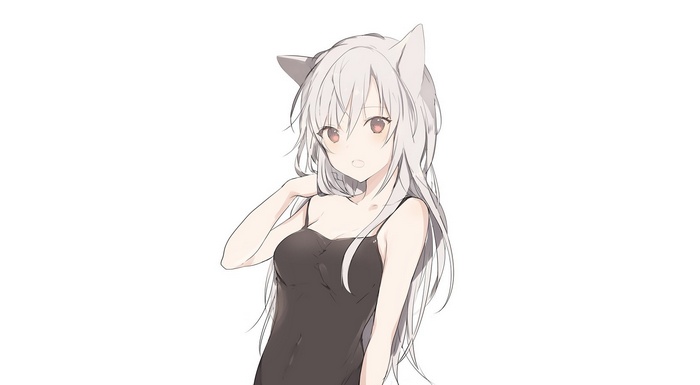 Anime girl with long white hair and cat ears