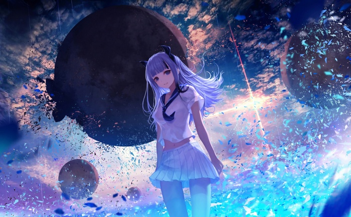 Anime girl with blue hair and horns in a school uniform