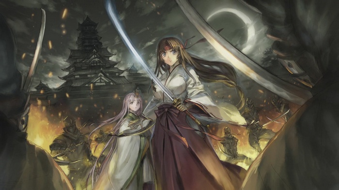 Anime girls with swords in front of a burning castle