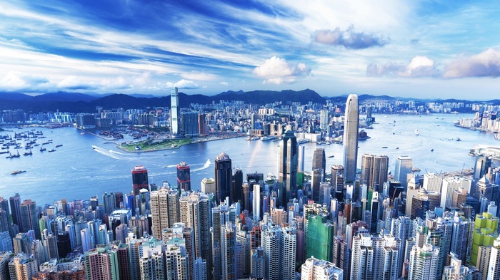 Hong Kong skyline with Victoria Harbour and mountains