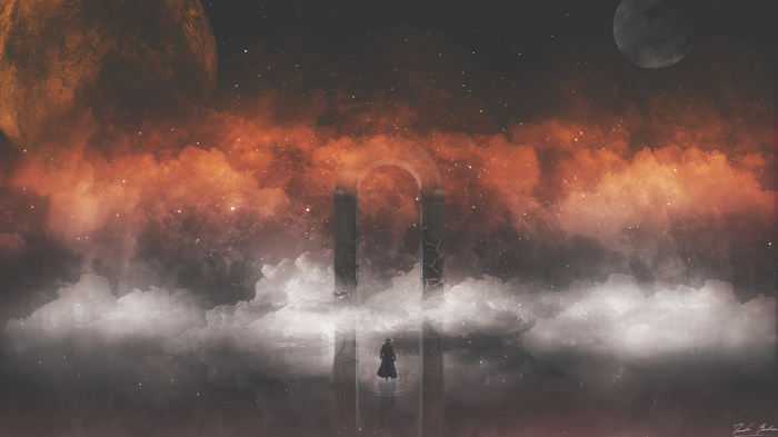 Figure in a red nebula with celestial arch